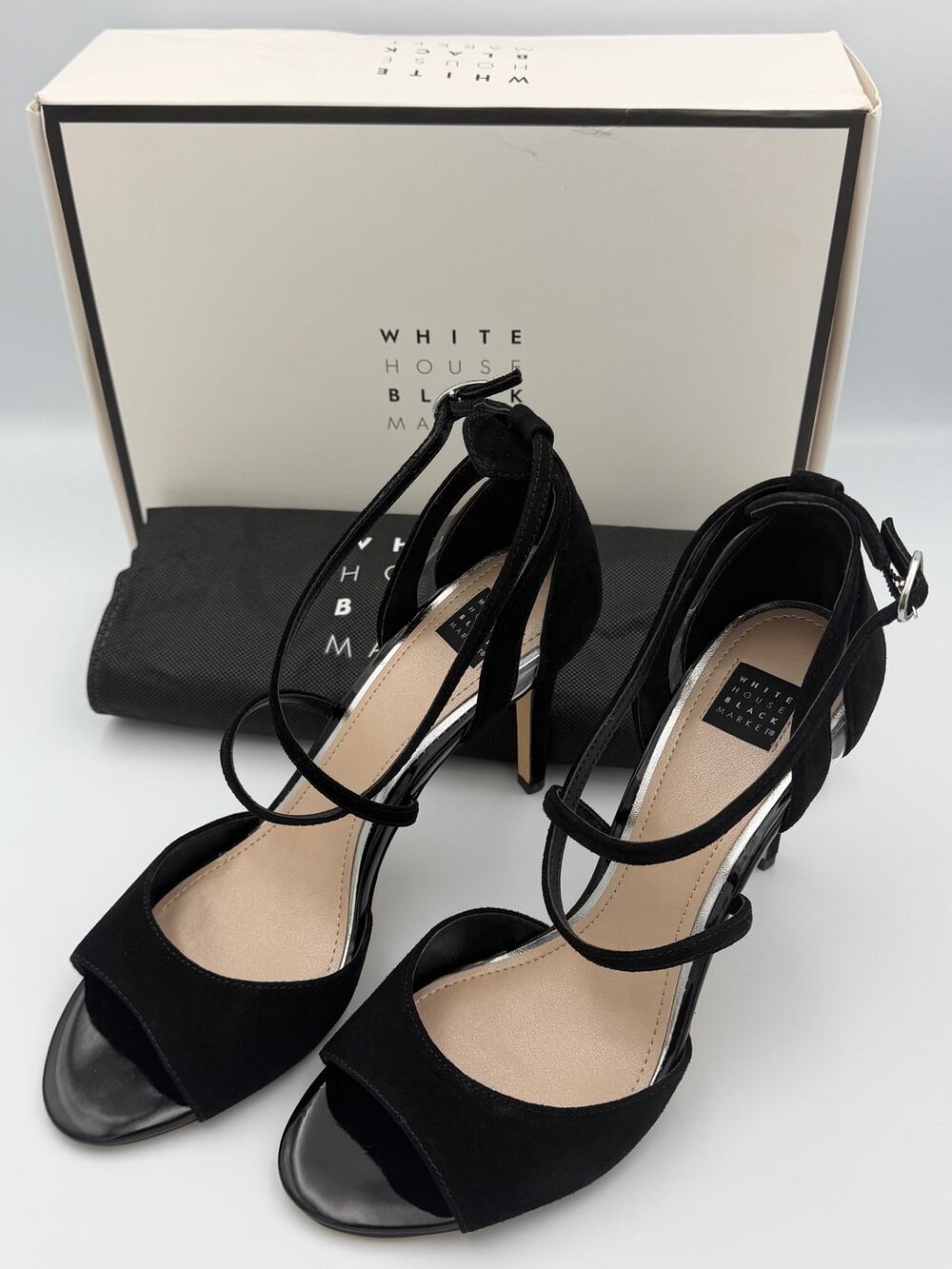 White House Blk Market Suede Strappy Peep Toe Stiletto Heels Black-Womens Sz 8.5